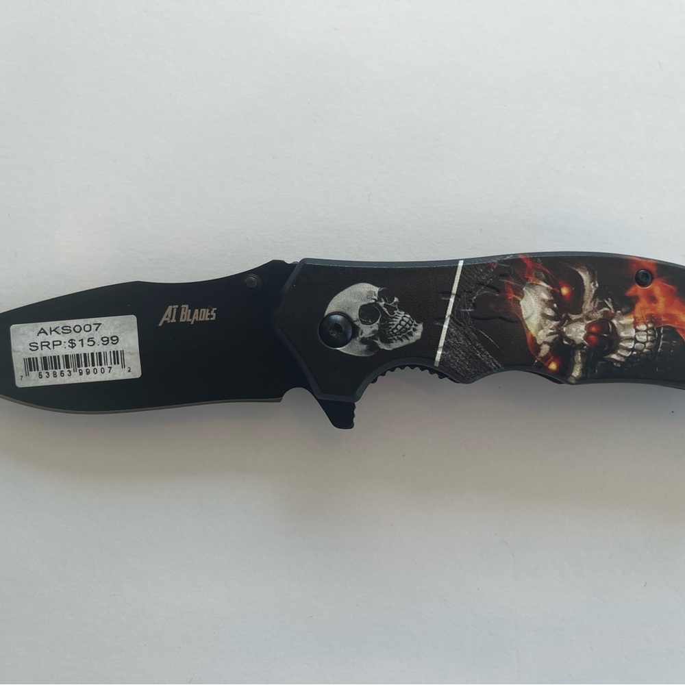 AI Blades Skull Folding Pocket Knife in Black with Red Flame Accent 3.5” blade